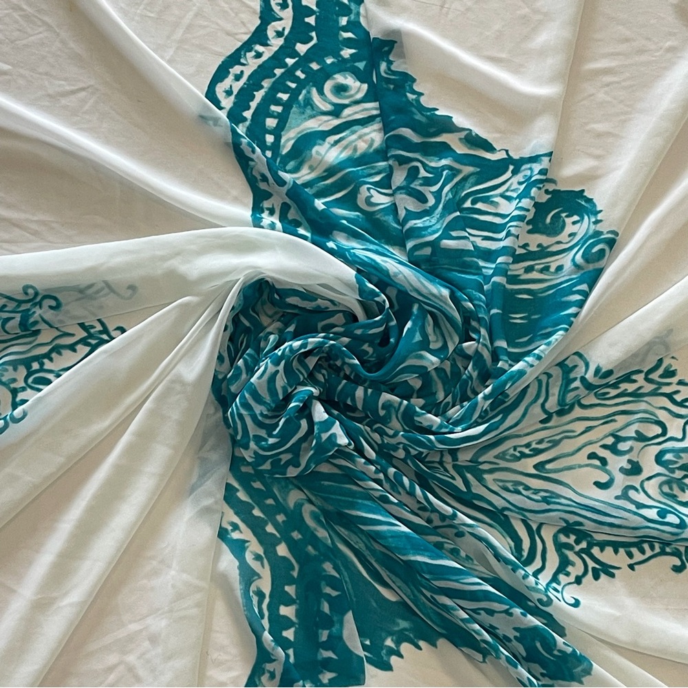 White and Teal Patterned Scarf